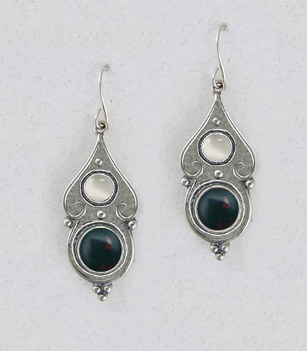 Sterling Silver Gothic Look With Bloodstone And White Moonstone Gemstone Drop Dangle Earrings